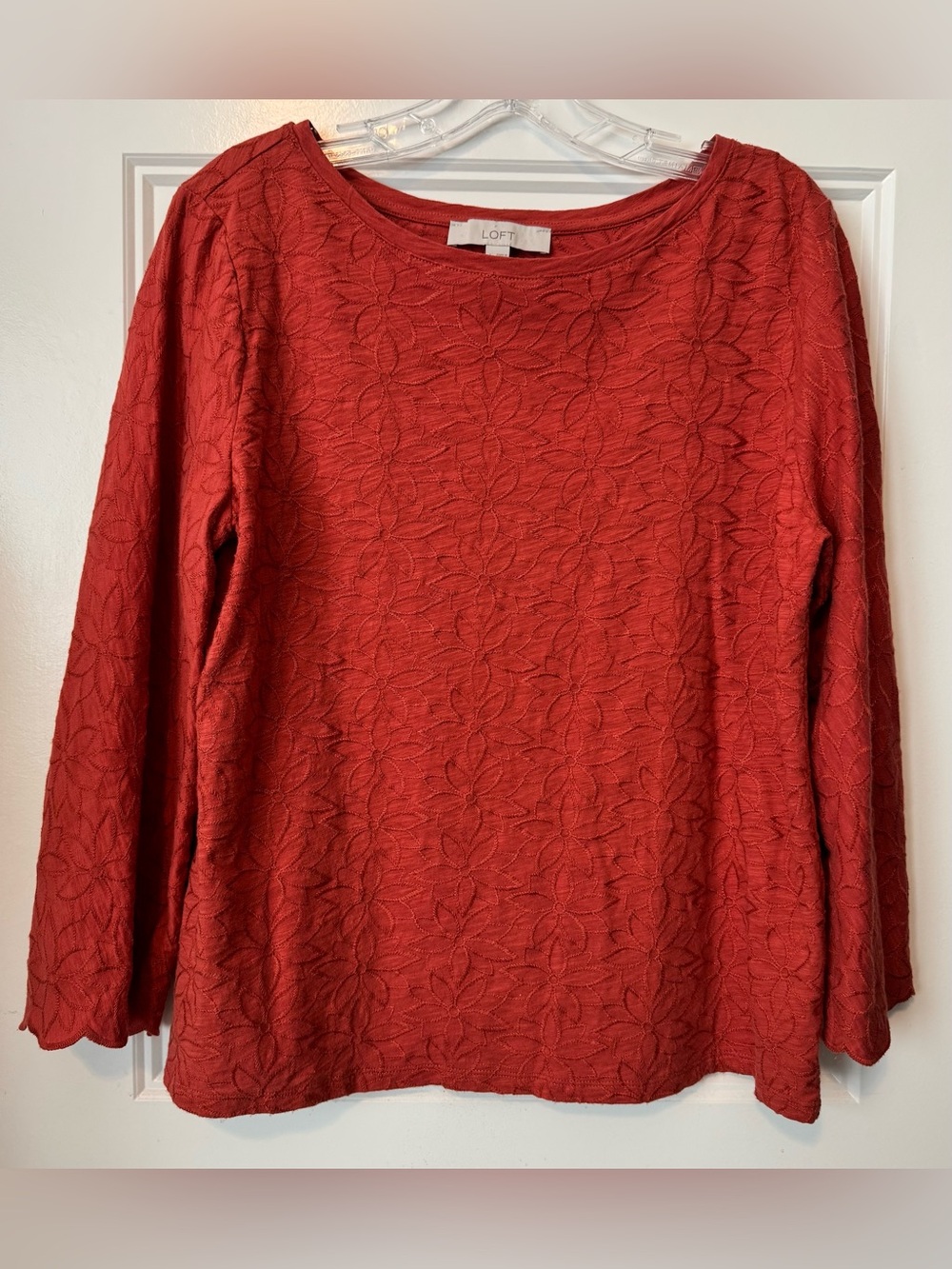 LOFT Rust Embroidered Floral 3/4 Sleeve Top Size L